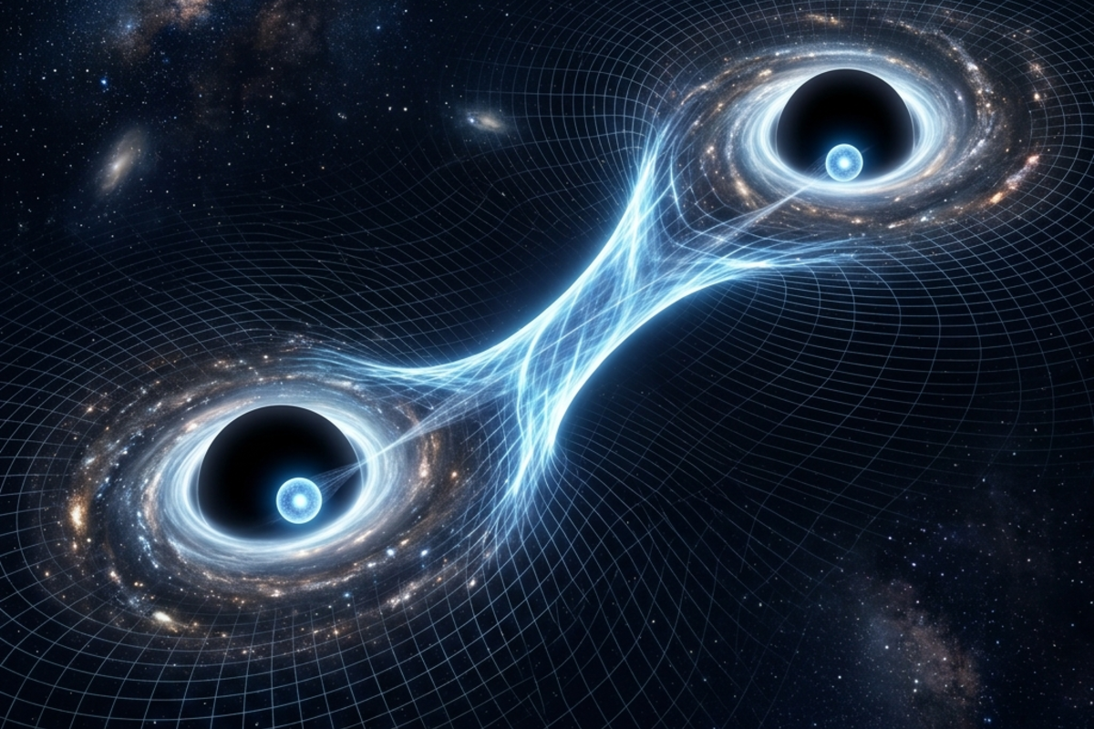 Two black holes connected by a wormhole through spacetime, with entangled particles at each end