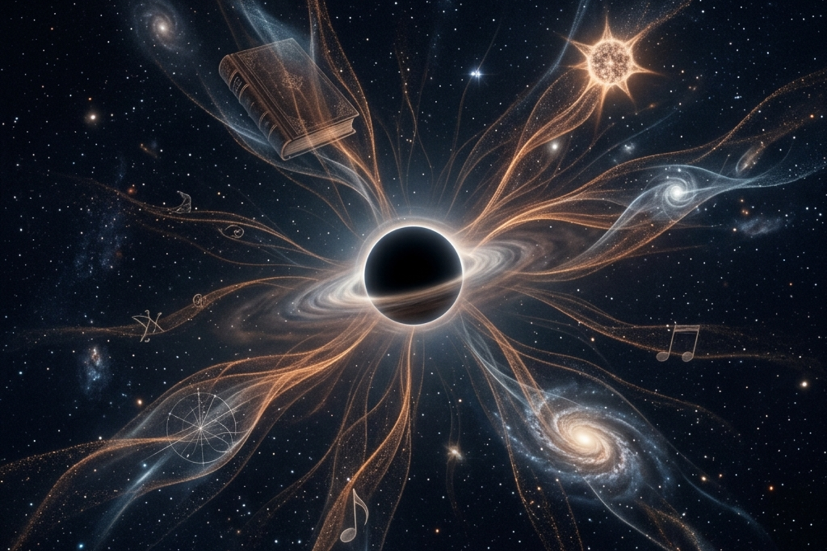 A black hole evaporating via Hawking radiation with ghostly imprints of fallen objects visible in the outgoing particles