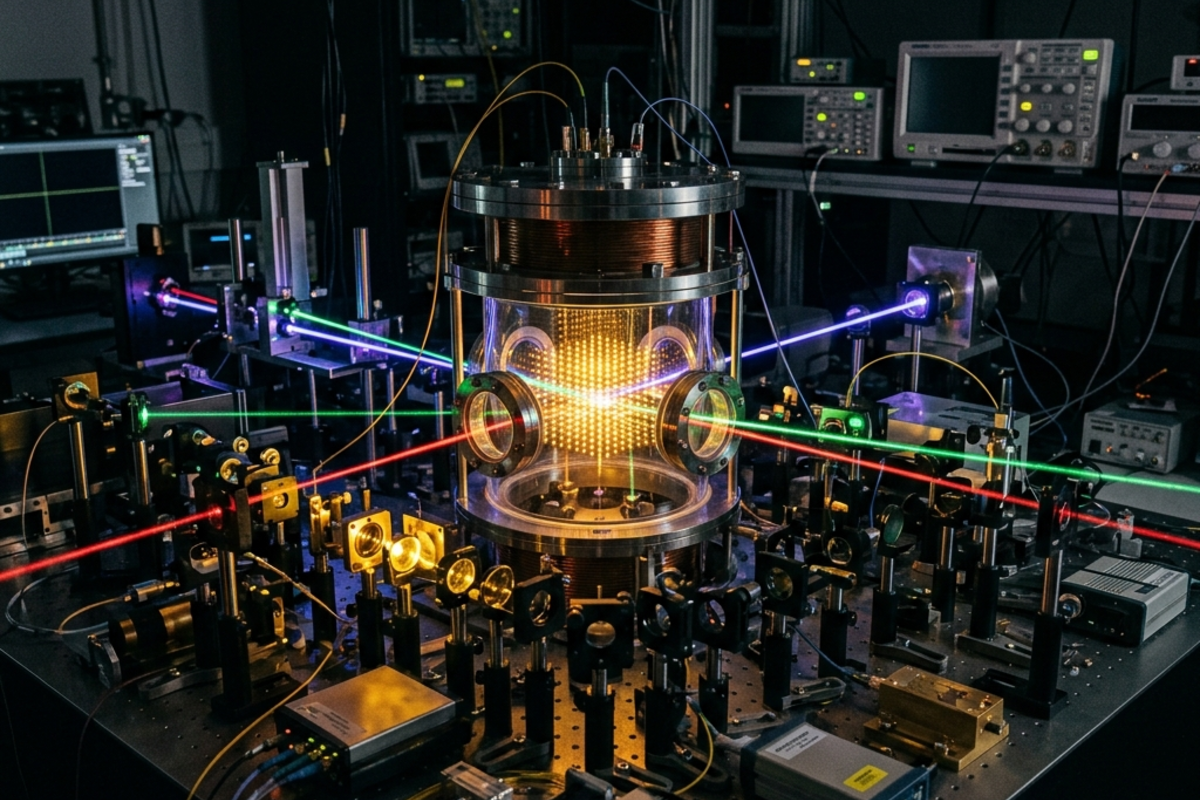An optical lattice atomic clock with strontium atoms trapped in laser light inside a vacuum chamber