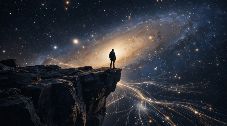 A solitary figure standing at the edge of a vast cosmic horizon, looking outward toward infinite possibility