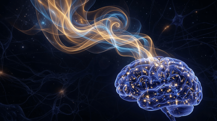Translucent brain with glowing neural connections emitting ethereal streams of light