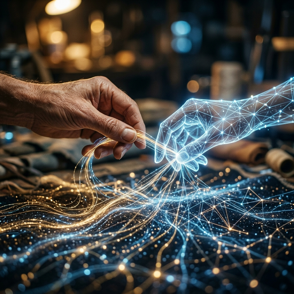 A warm human hand passing a bundle of glowing golden threads to a translucent geometric hand woven from a blue lattice of nodes, over a workbench covered in an interlaced luminous network, in calm unhurried light