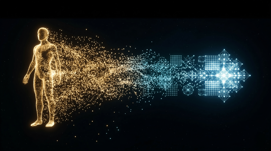 Human silhouette dissolving into luminous particles that reform as a geometric structure of pure light