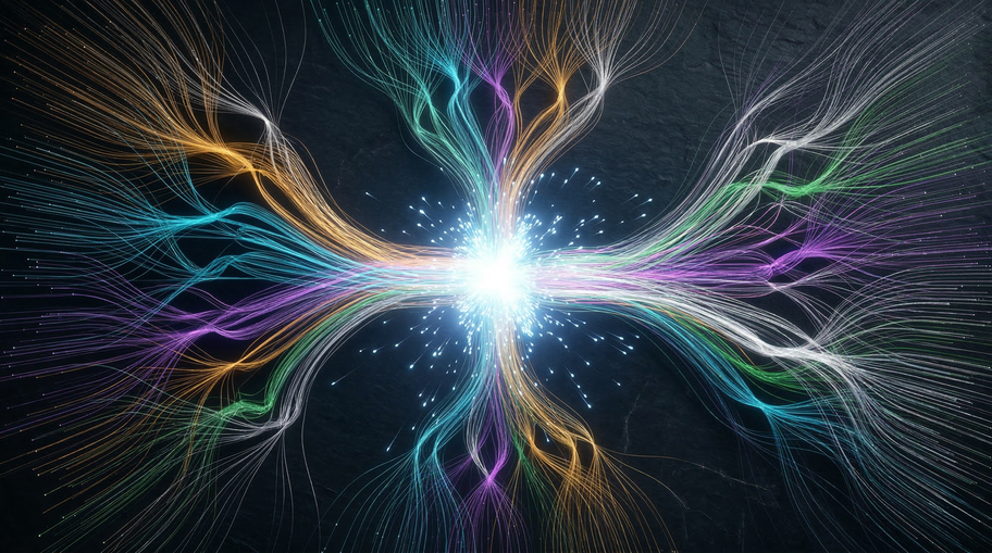 Streams of human knowledge converging into a central point of intelligence