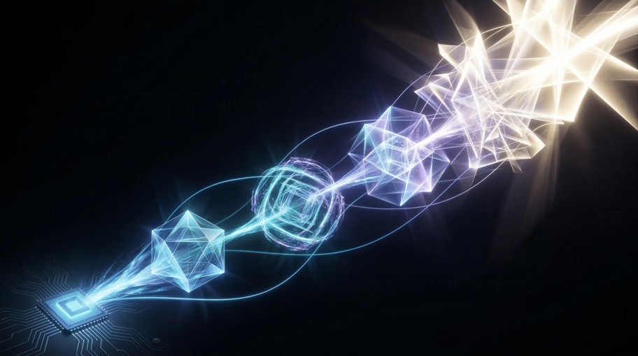 Recursive feedback loop of increasingly complex geometric structures spiraling inward toward a bright singularity point