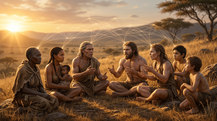 Diverse group of early hominids debating on a savanna, golden threads connecting their minds
