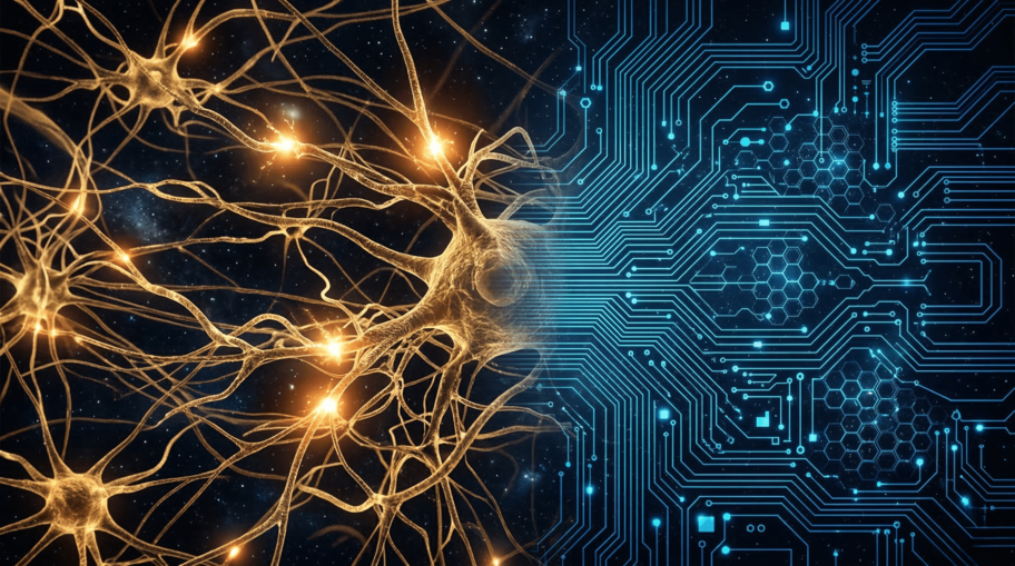 Abstract split showing organic neural tissue transitioning into glowing digital circuitry