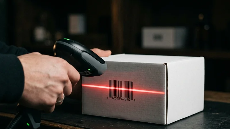 A modern barcode scanner emitting a sharp red laser line onto a package