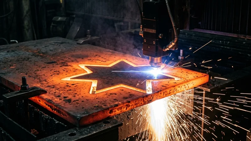 An industrial laser precisely cutting glowing orange-hot metal