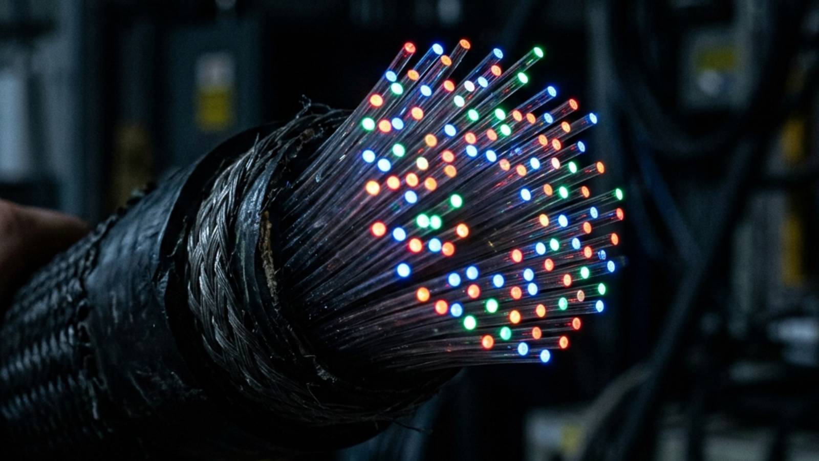 Glowing blue fibre-optic cables transmitting data