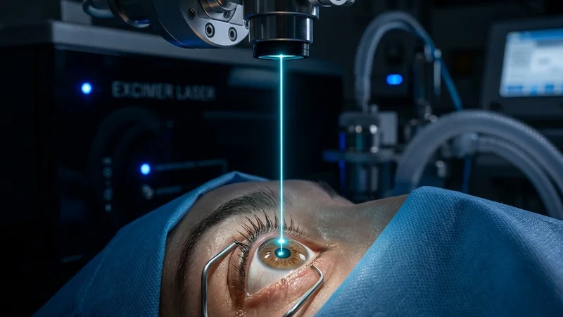 A precise medical laser projecting a delicate cyan beam onto a glowing translucent cornea
