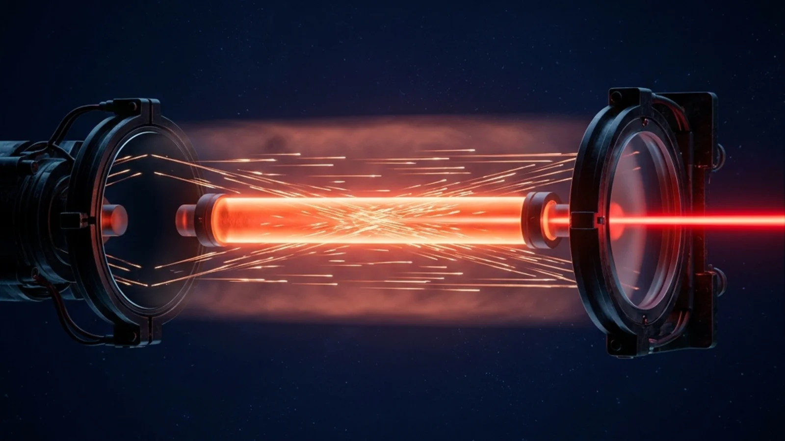 Schematic of a laser cavity: a long glowing rod of laser medium between two mirrors, with photons bouncing back and forth and a coherent beam emerging through the partially-transparent right-hand mirror