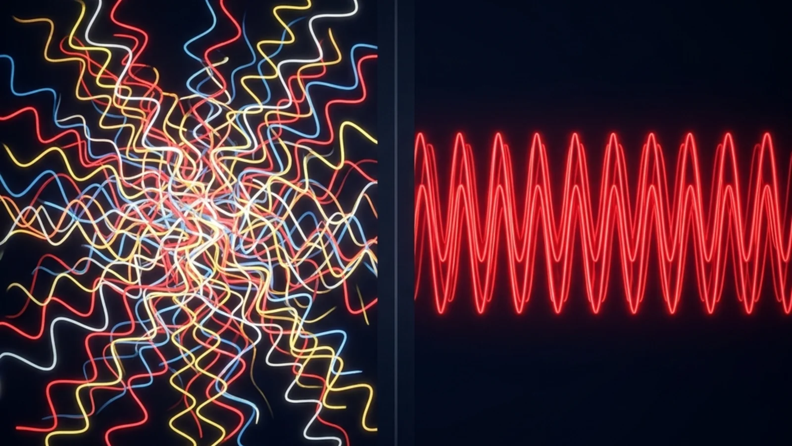 Comparison of two light sources: incoherent flashlight light scattering in random directions on the left, and a parallel column of synchronized laser photons on the right