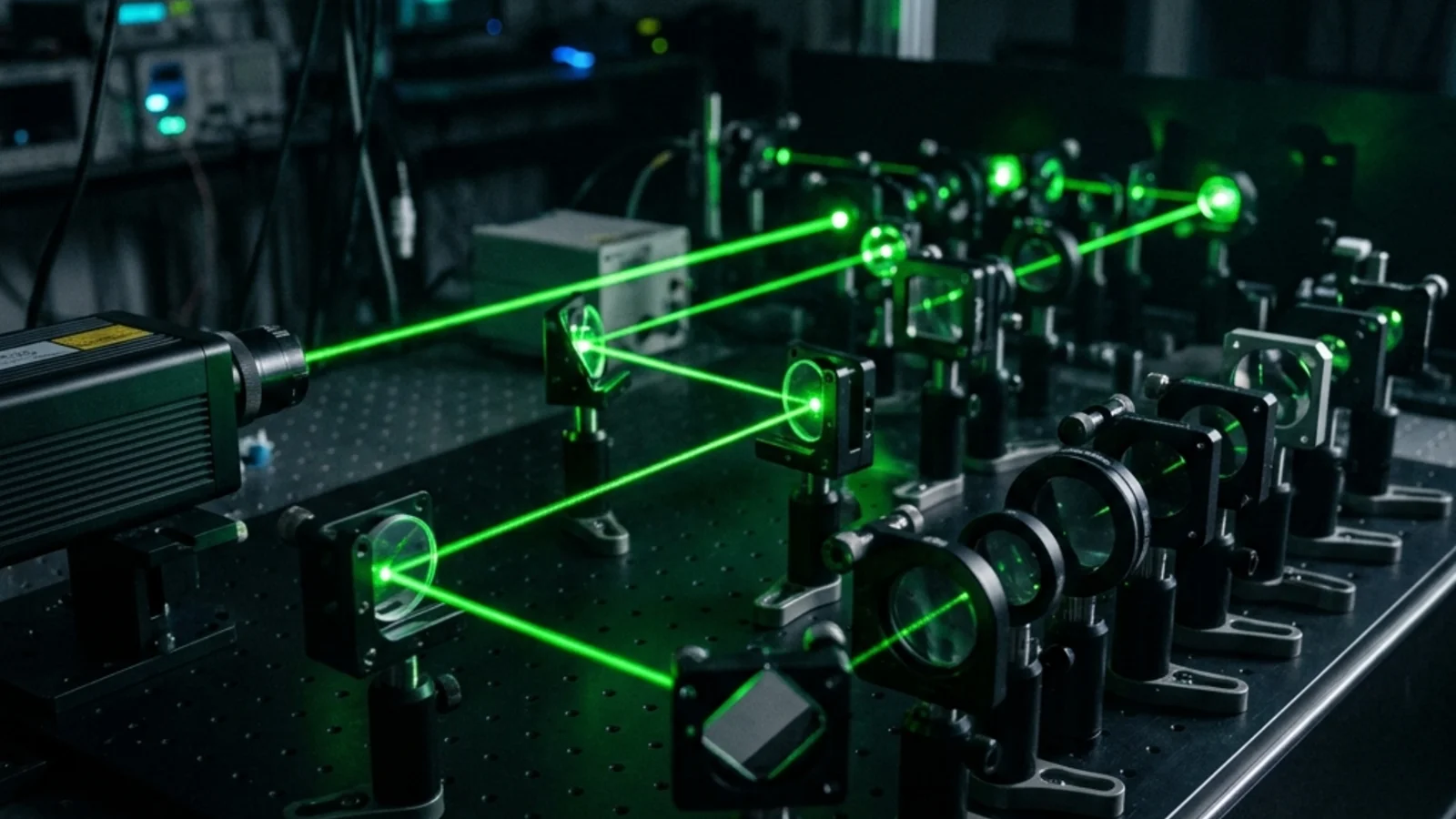 An ultra-sleek, precision optical table with a pristine array of geometric mirrors bending a single sharp green laser beam
