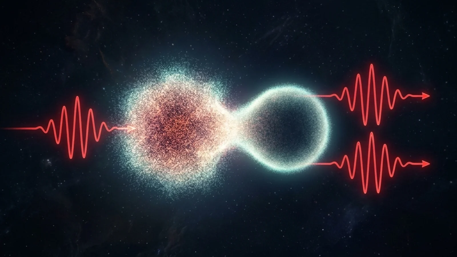 Quantum mechanical probability cloud of an atom being struck by a photon wave packet, emitting two identical photon wave packets