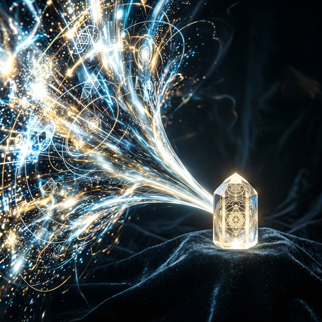 An enormous roaring wall of chaotic luminous data - storms, orbits, collisions, static - funneling down through a narrowing channel of light into a single small perfect crystal engraved with a few short equations, resting on dark velvet