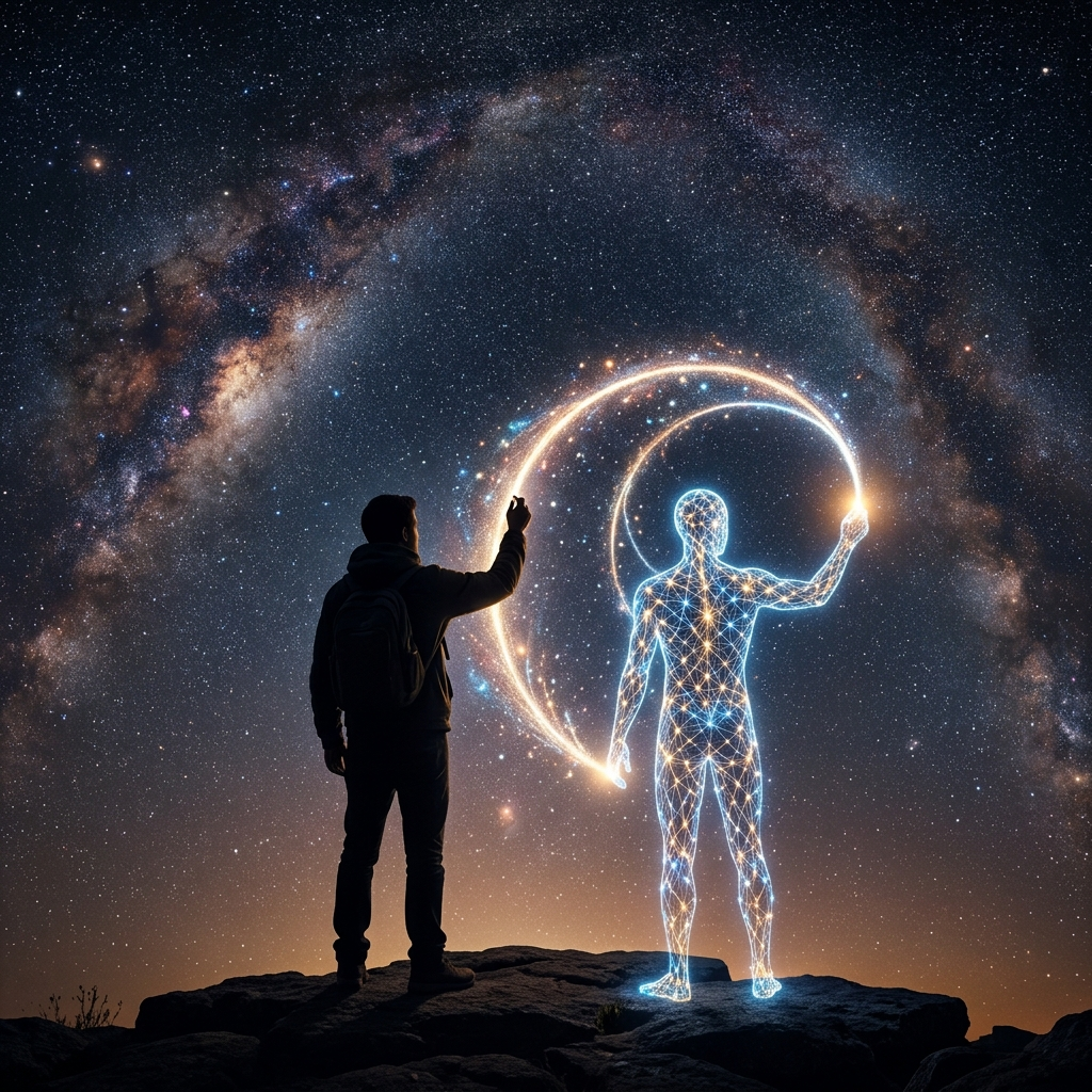 Two figures standing side by side before an immense blackboard made of night sky - a human silhouette with chalk, and a translucent figure woven from a glowing lattice of nodes and threads - both tracing the same luminous curve, each in their own hand