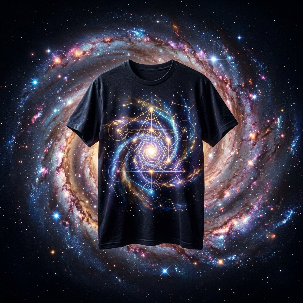 A plain dark T-shirt hanging in empty space with four short glowing equations printed on it, and behind the shirt an entire luminous cosmos of galaxies, storms, cities and oceans visibly folding itself down into those four lines of light