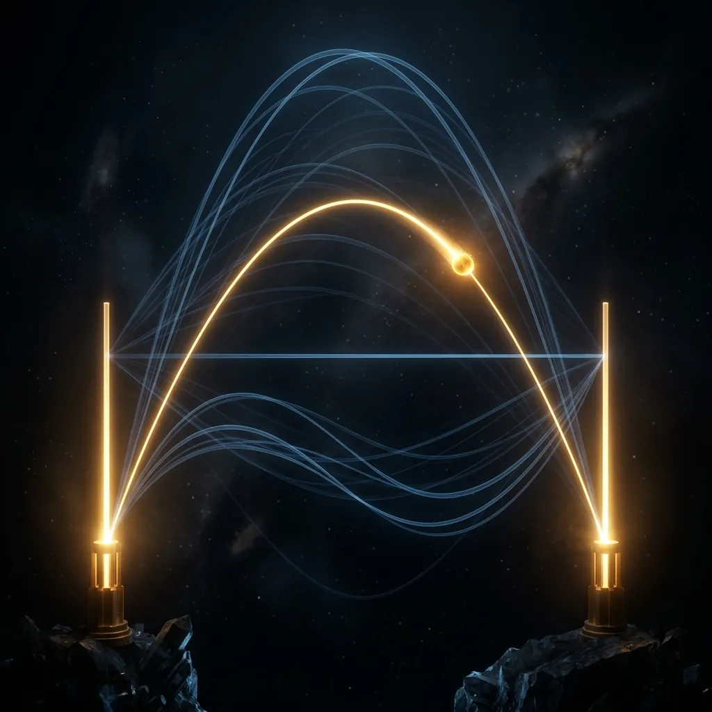 A small bright sphere partway along a glowing parabolic arc between two posts, with many translucent alternative arcs - higher loops, a straight chord, sagging paths - layered faintly behind it
