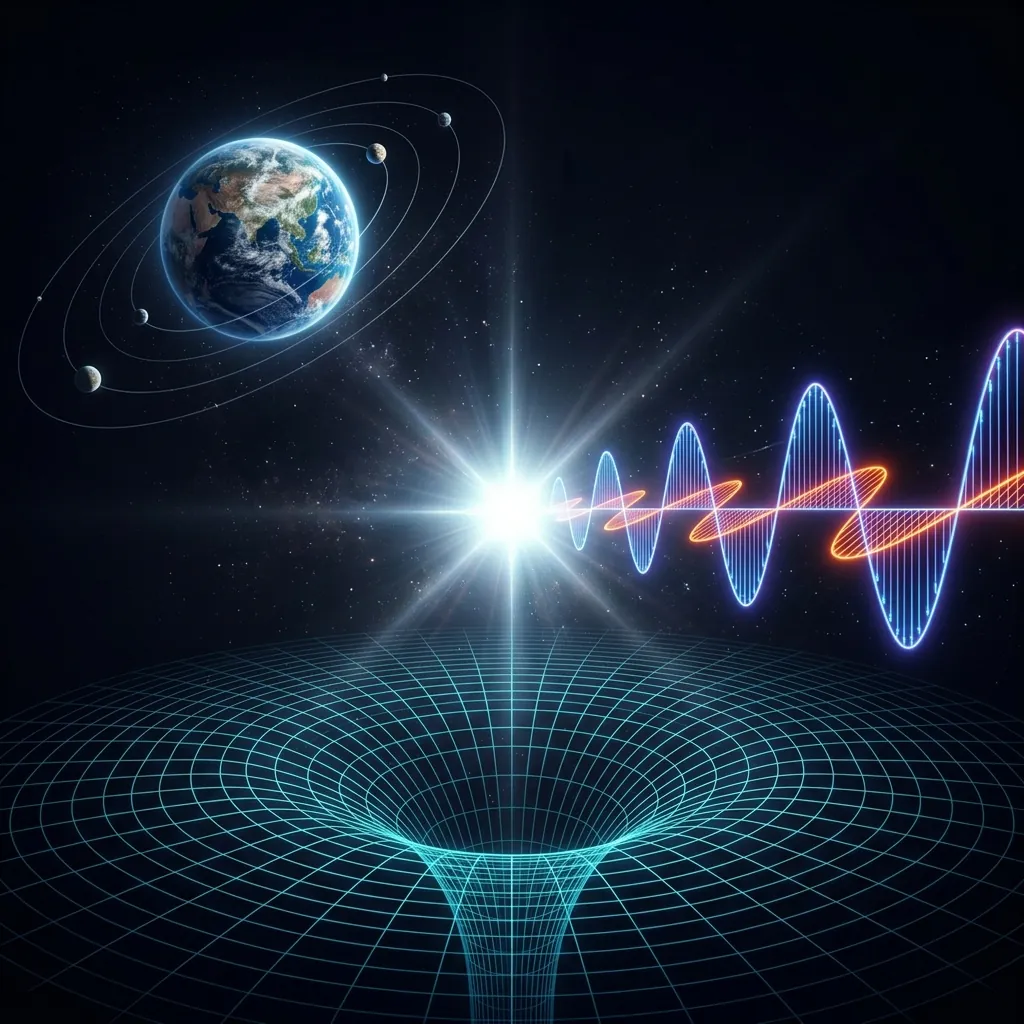 A single glowing point of light at the center branching outward into three tableaus - an orbiting planet, a rippling electromagnetic wave, and a curved spacetime grid - all radiating from the one source