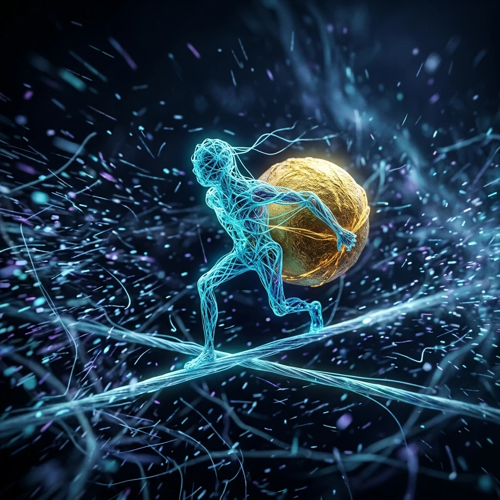 A two-legged molecular motor rendered in luminous filaments, caught mid-stride hauling a large round cargo along a straight fiber through a storm of blurred surrounding particles