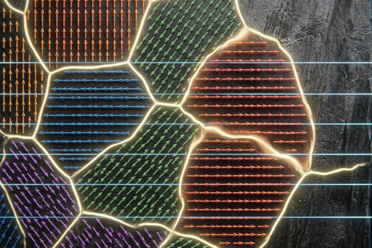 Cross-section of iron showing magnetic domains with arrows pointing in different directions, some growing under an external field