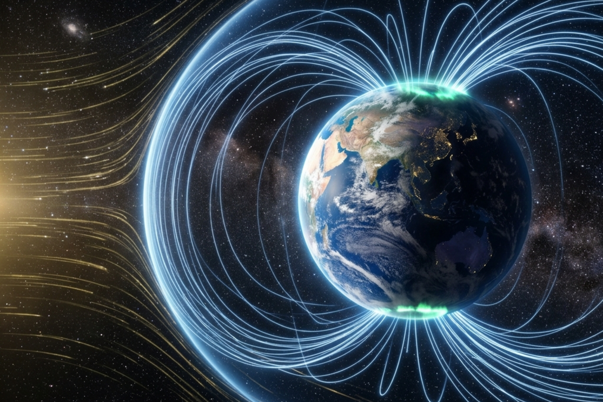 Earth seen from space with magnetic field lines arcing between the poles, deflecting solar wind particles