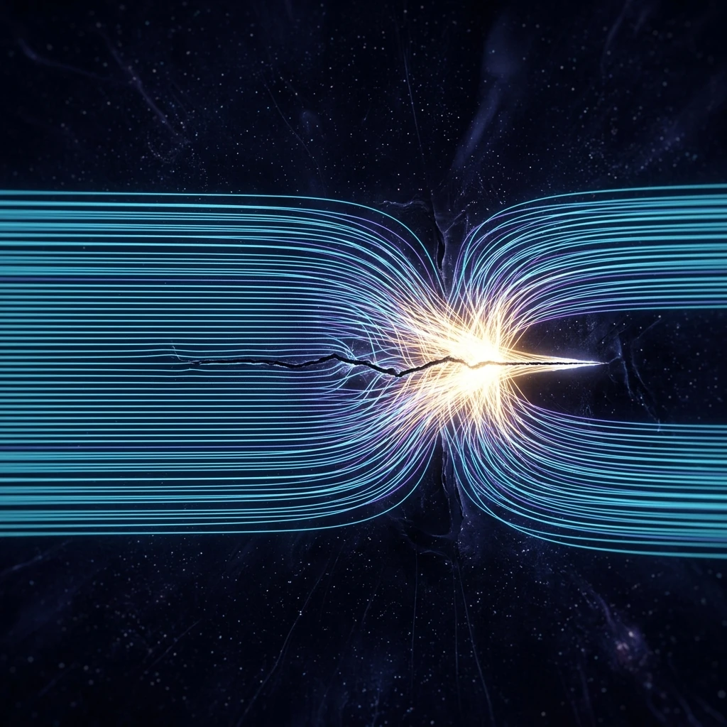 A luminous field of parallel flow lines running through dark material, crowding and brightening intensely where they are forced to bend around the tip of a fine crack
