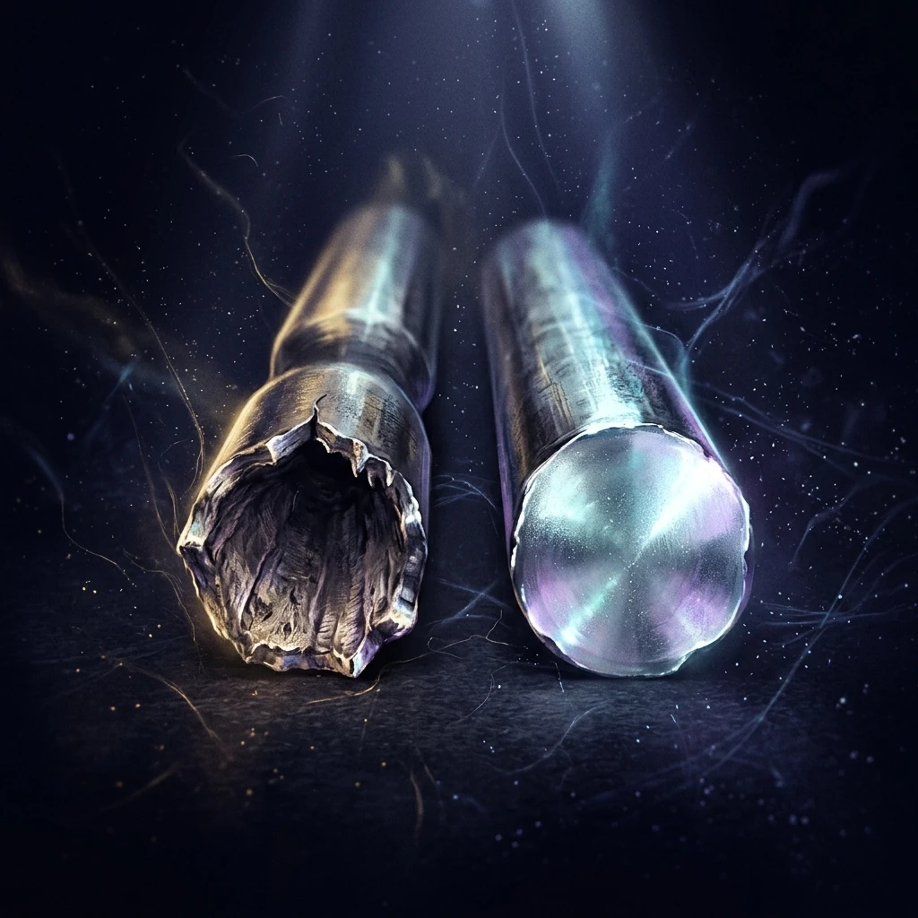 Two broken rods lying side by side against black, one drawn out into a narrow ductile neck before parting, the other snapped clean across with a mirror-flat face