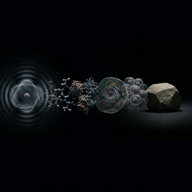 Scale comparison from subatomic particles showing quantum behavior to everyday objects appearing classical