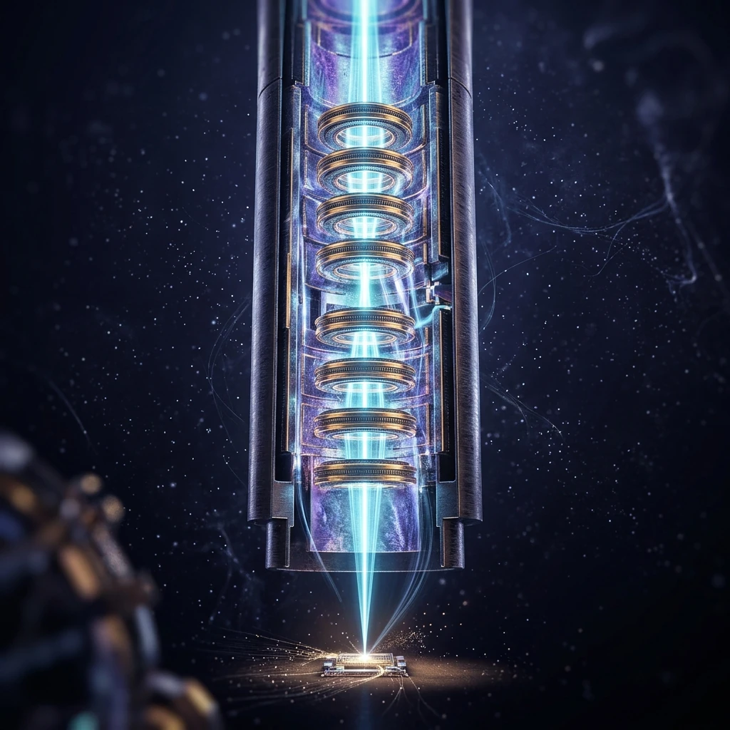 A tall cylindrical instrument column glowing from within, a narrow beam descending through a stack of ring-shaped magnetic lenses toward a small sample stage