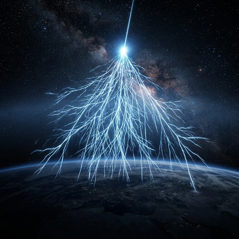 Cosmic ray particle cascade showering through Earth's atmosphere