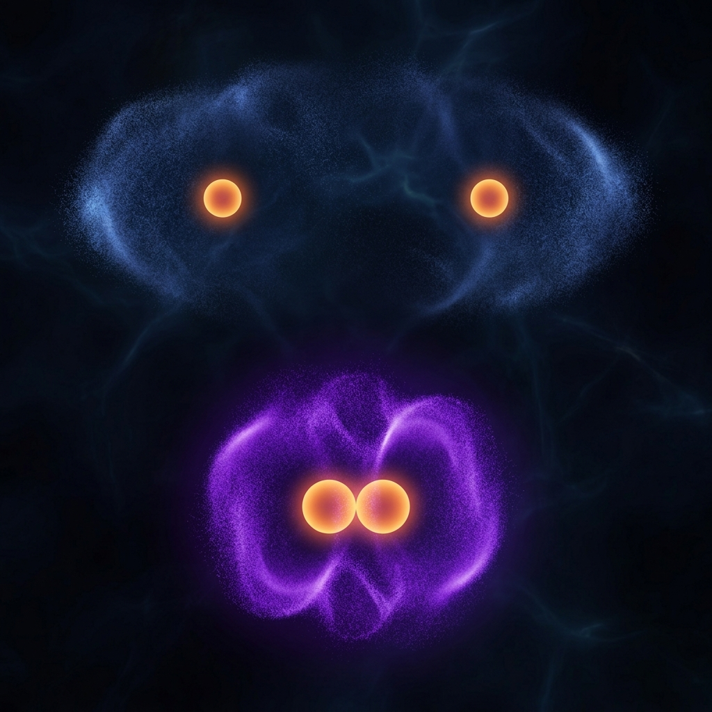 Quantum field comparison showing wide electron probability cloud versus tight muon probability cloud around hydrogen nuclei