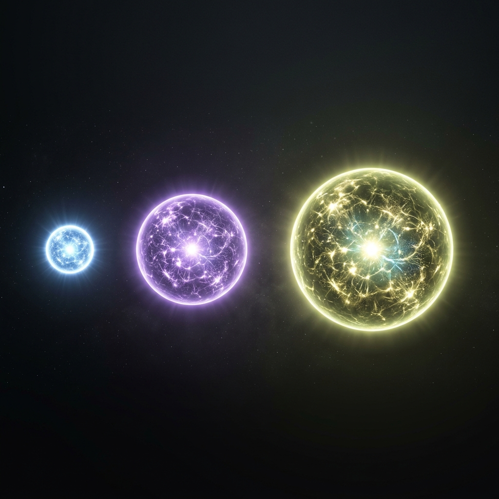 Three generations of charged leptons shown as glowing spheres of dramatically different sizes