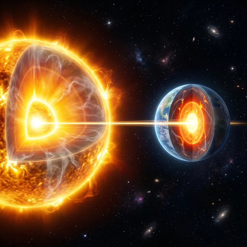 A cutaway Sun on the left and a much smaller cutaway Earth on the right against a starfield, with one thin golden beam running dead straight out of the Sun's bright core, through the Earth's molten core, and on past the edge of the frame