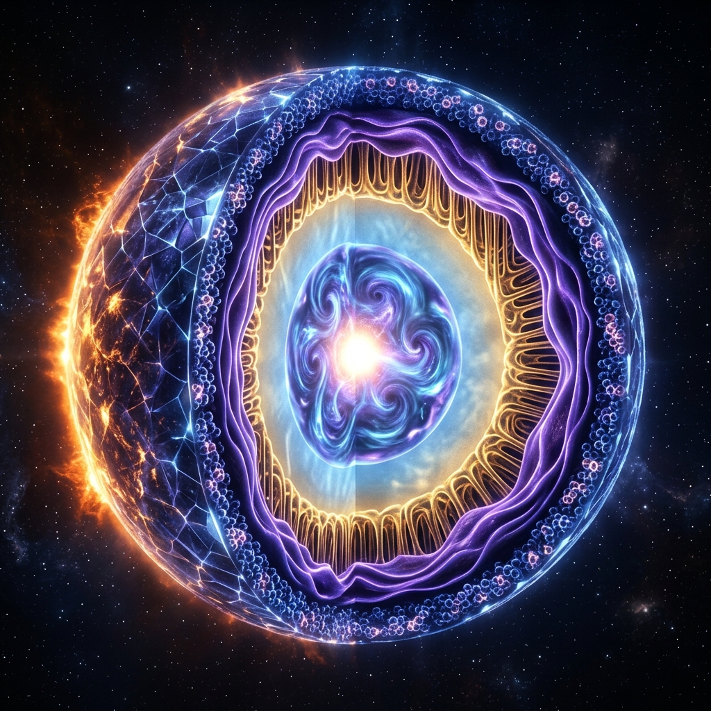 Cross-section of a neutron star showing crust, nuclear pasta layers, and superfluid core