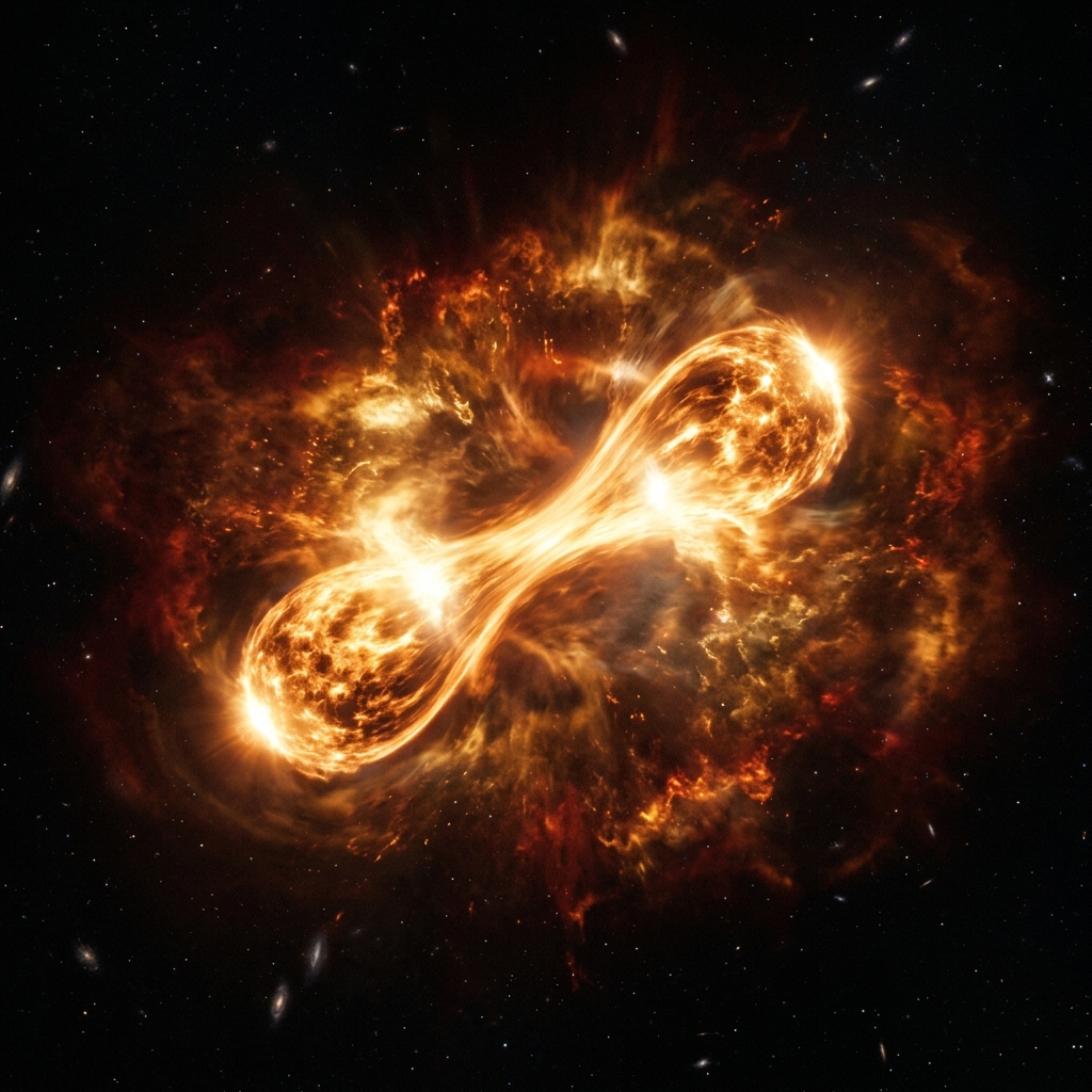 Two neutron stars merging, creating a kilonova and heavy elements
