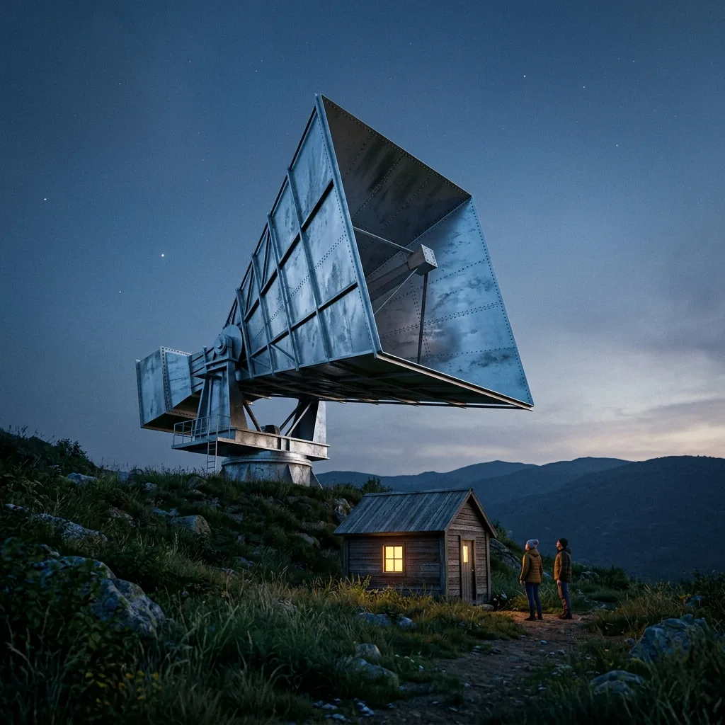 A large aluminium horn antenna on a hillside at dusk, its wide mouth tilted at a darkening sky, a small lit cabin at its base and two figures standing beside it looking up