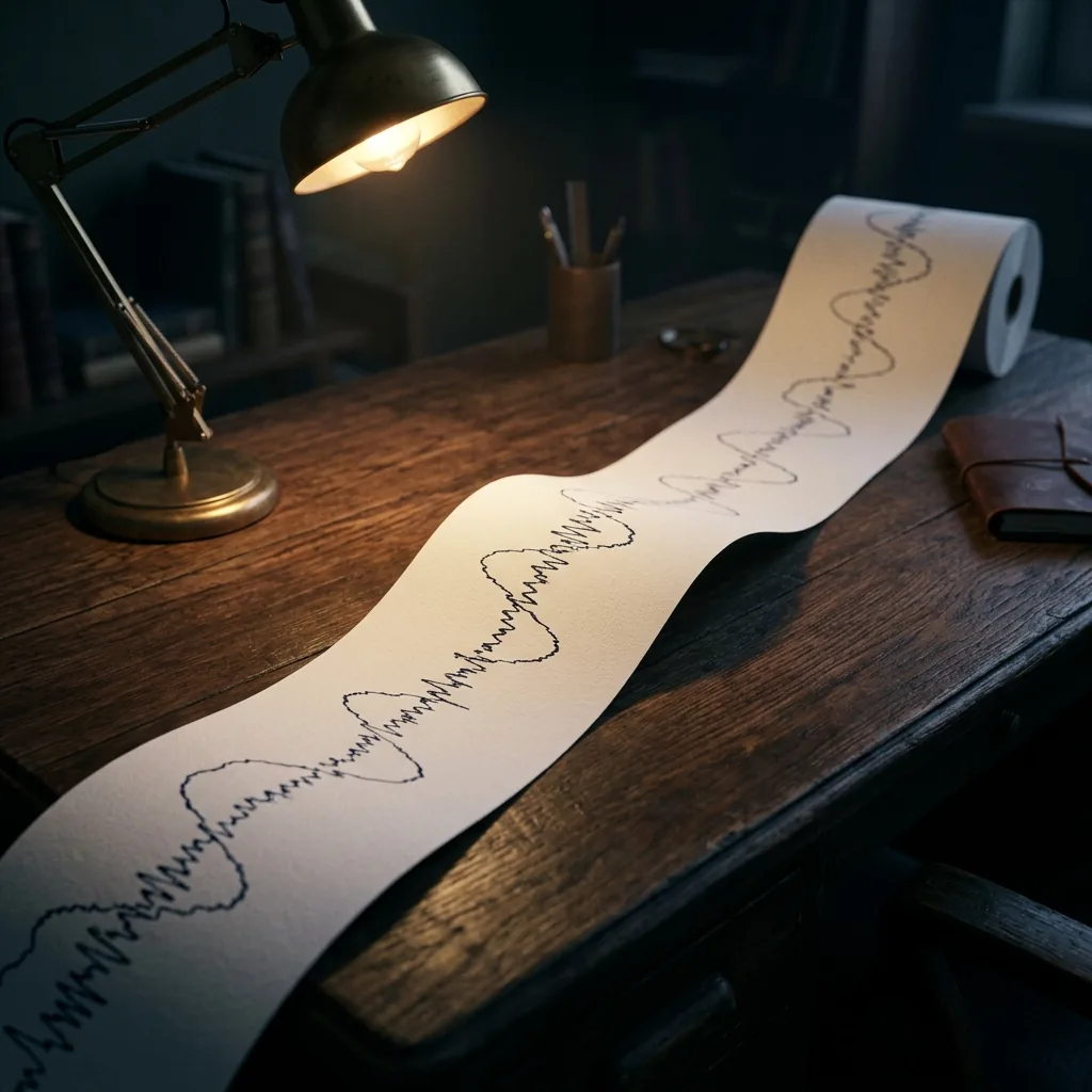 A long strip of chart paper unrolling across a dark table under a single lamp, carrying a pen trace whose slow swells carry smaller swells that carry fine jitter, the same texture repeating at every size along the strip