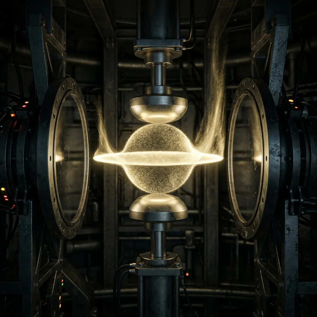 Between two facing mirrors in a dark chamber a round cloud of fine luminous grain is being pressed from above and below into a thin horizontal ellipse, sharp along its width and smeared tall at its ends