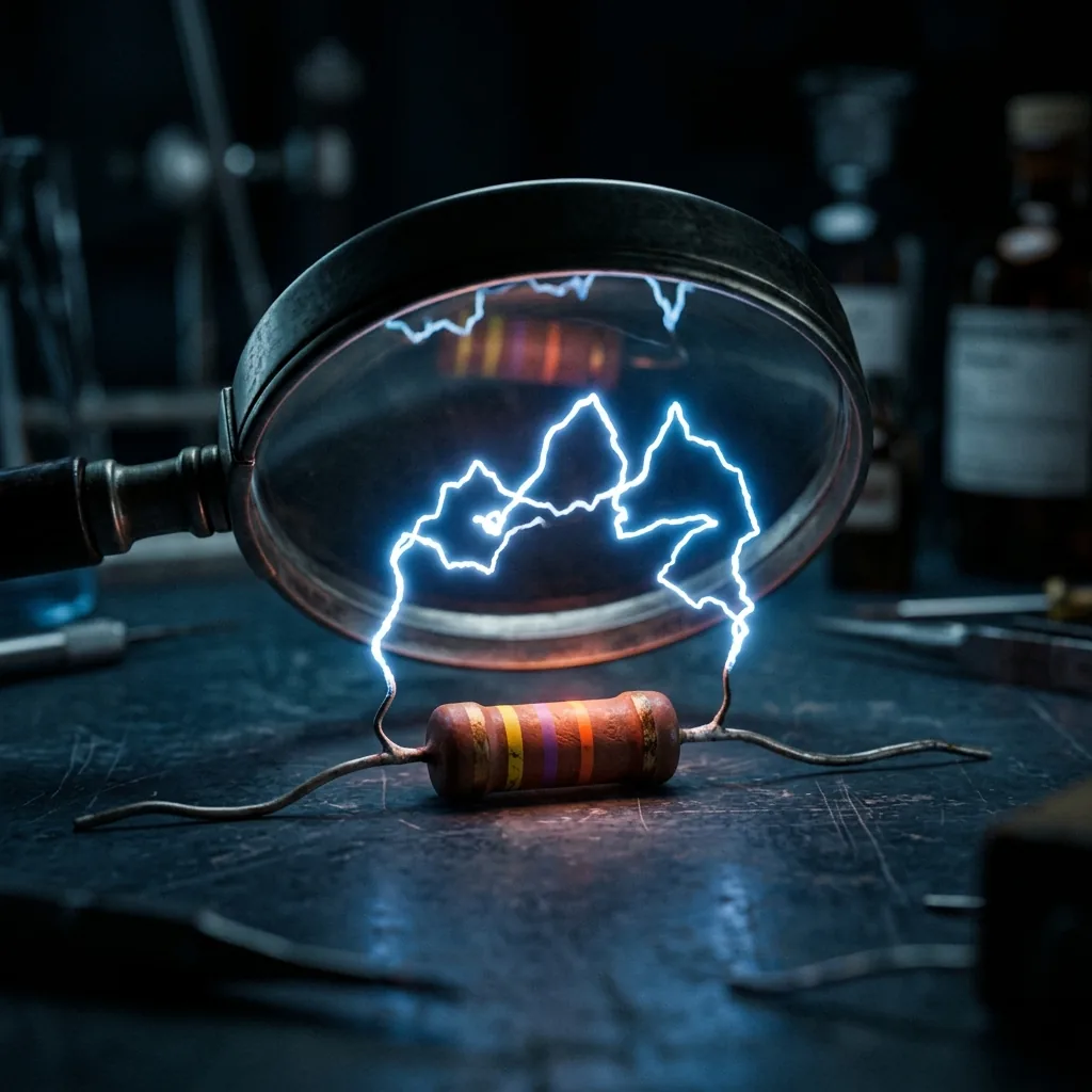 A single old-fashioned resistor lying on a dark bench under a magnifier, faintly glowing with warmth, and rising from its two leads a jagged luminous trace of random voltage drawn in the air above it