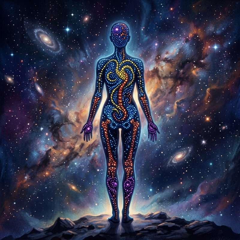 Human silhouette highlighted with percentages of different elements and their cosmic origins