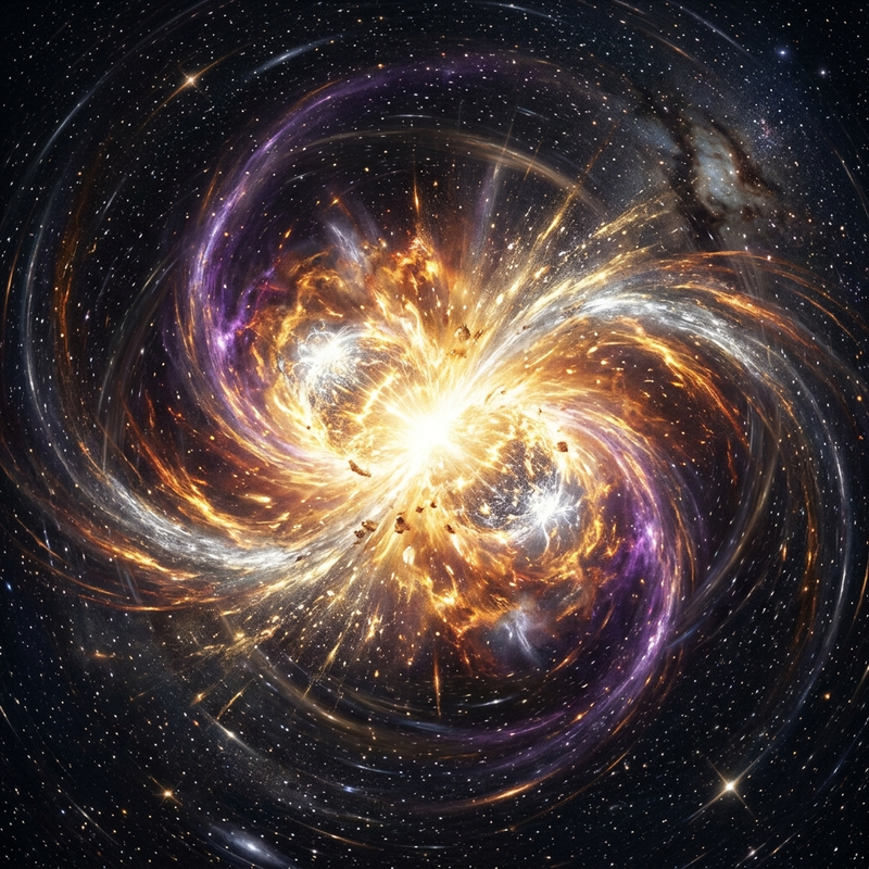 Two neutron stars merging with golden debris exploding outward forging heavy elements