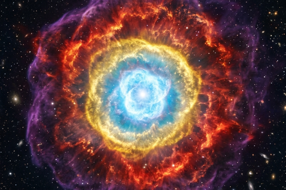 A dying star's expanding shells of brightly colored gas seeding space with the heavy elements forged inside it