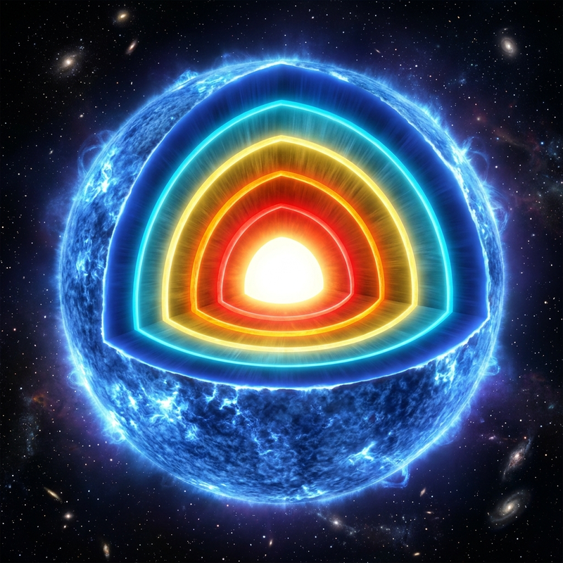 Cross-section of a massive star's onion-layer structure with hydrogen fusion on the outside and iron core in the center