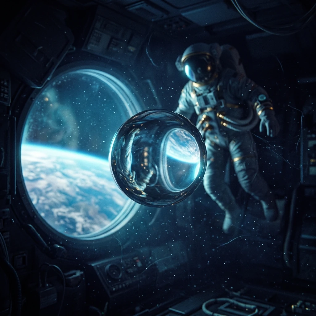A large sphere of water floating motionless in the middle of a spacecraft cabin, an astronaut in a white suit and helmet drifting beside it, both lit blue by Earth through a round window