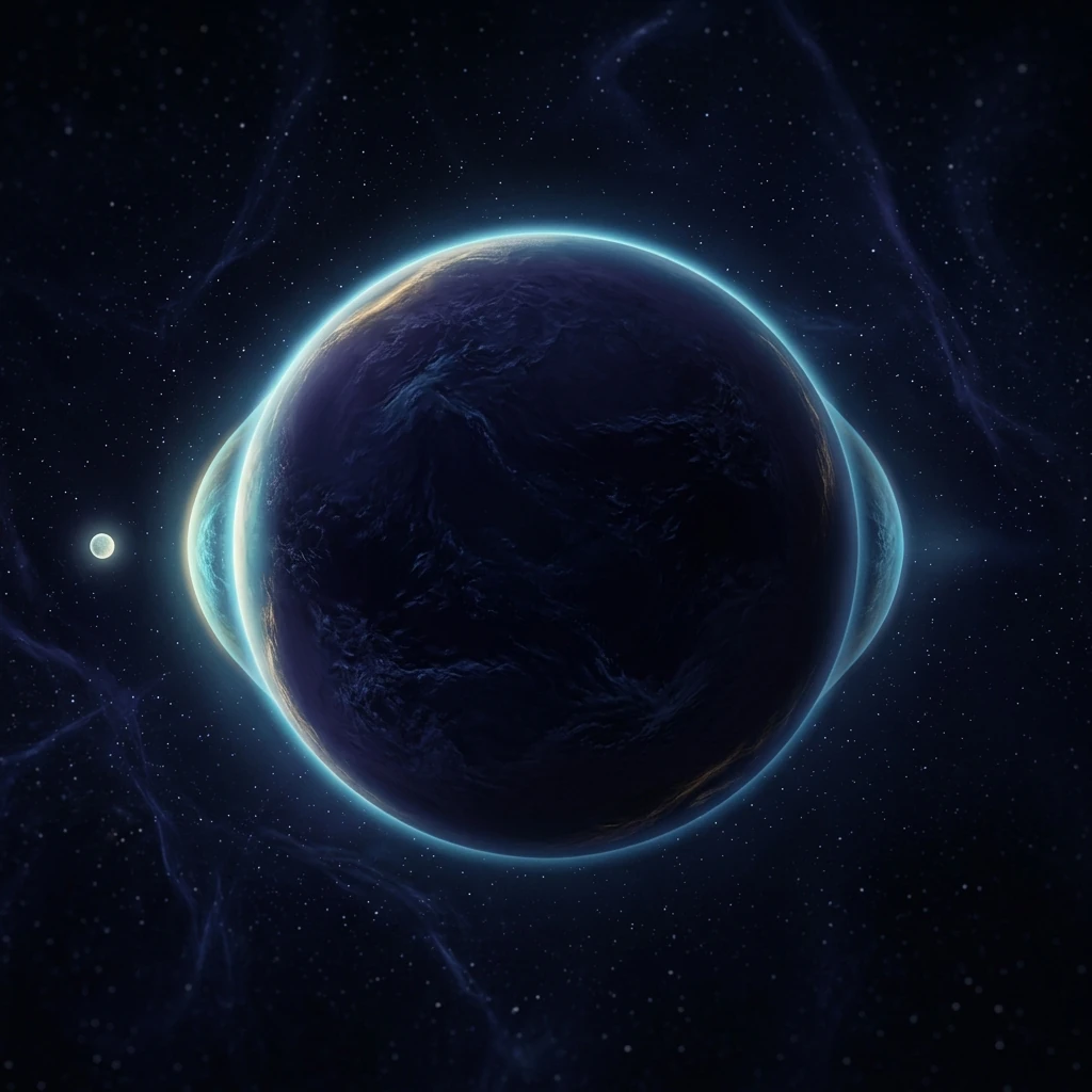 A dark ocean world seen from space with two subtle luminous bulges of water raised on exactly opposite sides, a small moon glowing beyond one of them