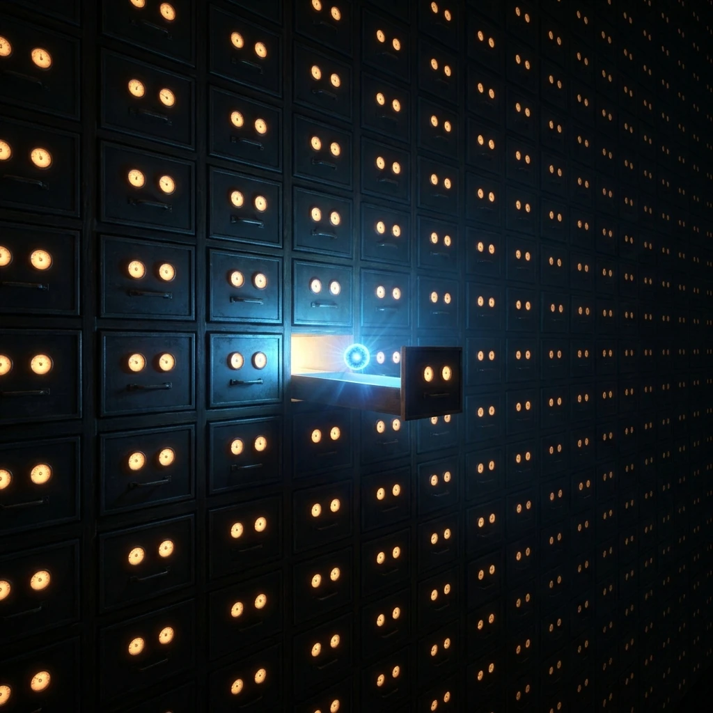 A vast dark library wall made of glowing rectangular slots like an infinite card catalog, each slot engraved with just two luminous dials labeled by abstract symbols for mass and spin, one slot pulled open and shining brighter with a tiny electron orb inside