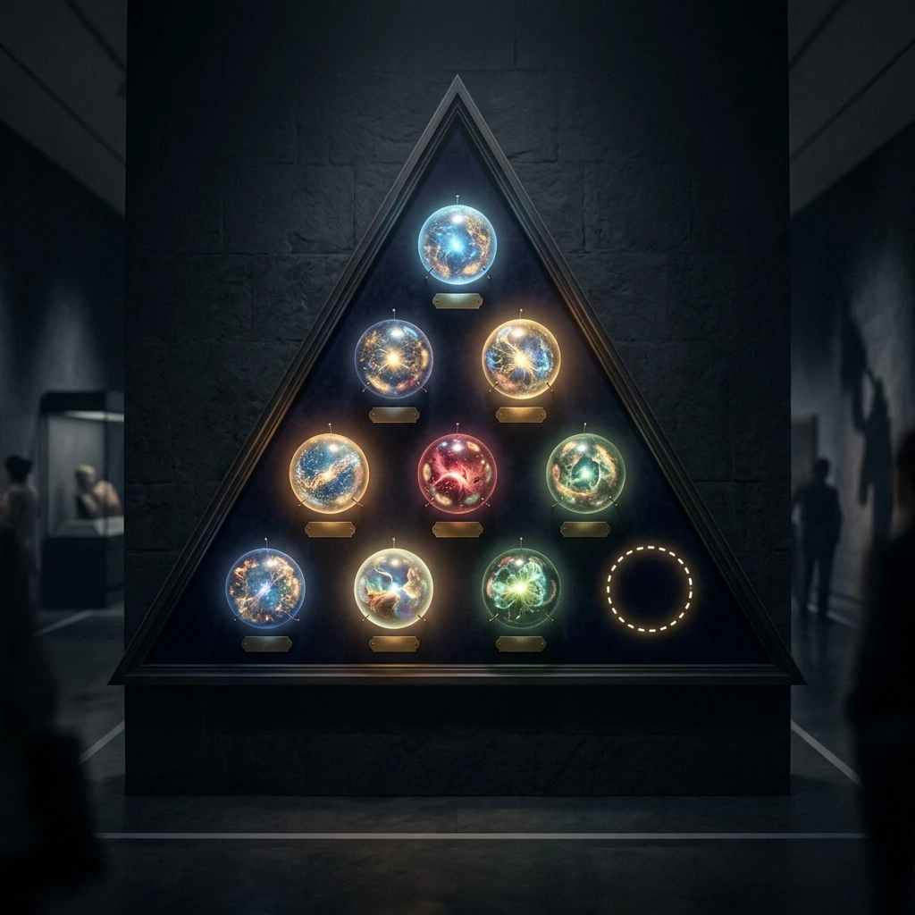 A dark museum wall displaying a large triangular arrangement of glowing particle specimens pinned like butterflies in a collector's case, nine spheres luminous and one corner slot empty with only a bright dotted outline where the missing specimen belongs