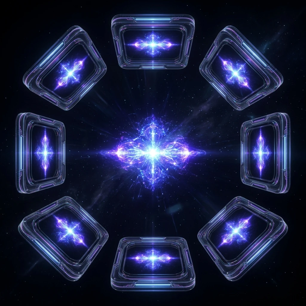 A single glowing laboratory tabletop experiment seen simultaneously through many large crystal facets arranged in a ring, each facet showing the same experiment shifted, rotated or tilted, all views burning with identical light